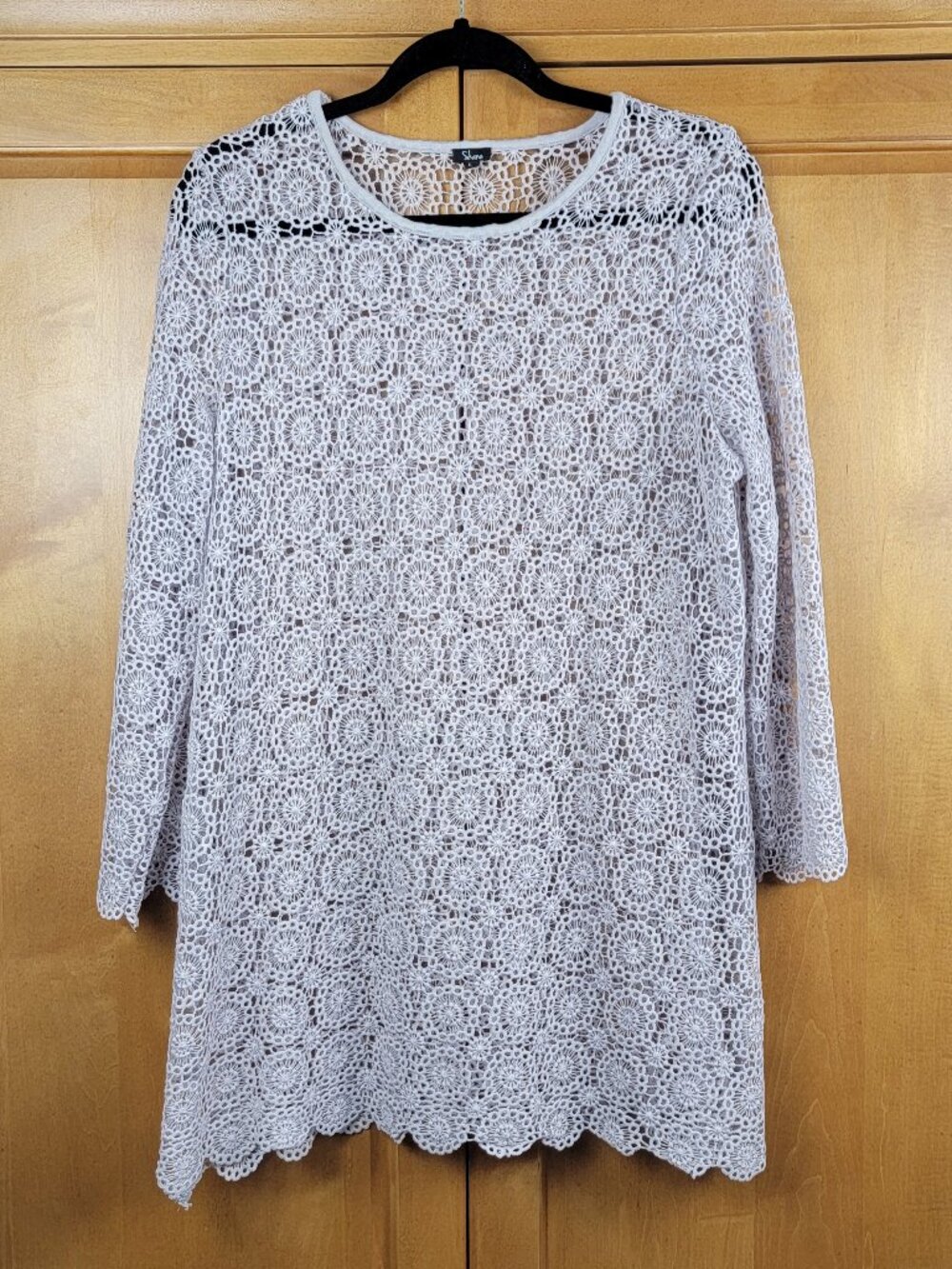 Shana Tan Crocheted Shift Tunic Dress With Scalloped Hem & Sleeves - L